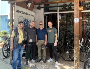 Photo from Paul Demers blog: team at Absolute Bikes Tirana Albania